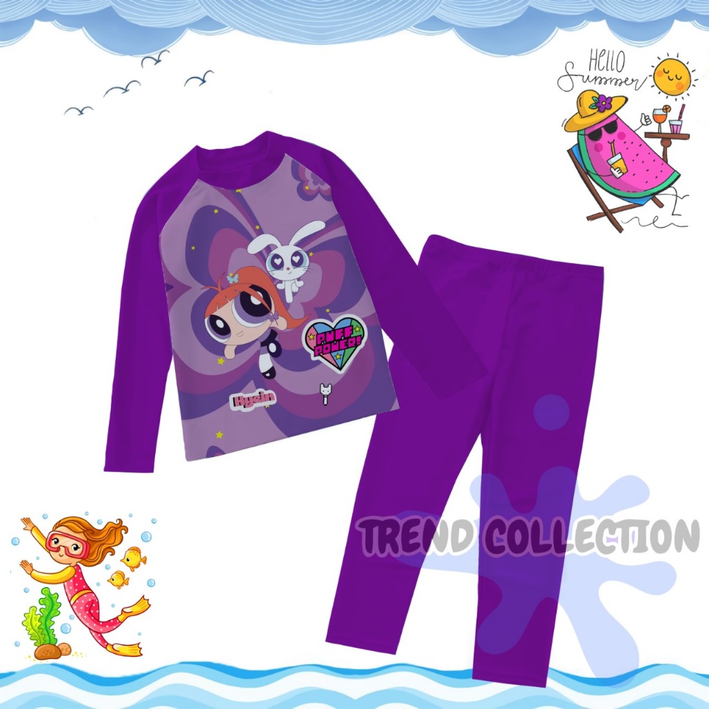 Baju Renang Anak Perempuan/Baju Renang Lengan Panjang/Baju Renang Karakter Kombi Ungu Tua 1-9TH