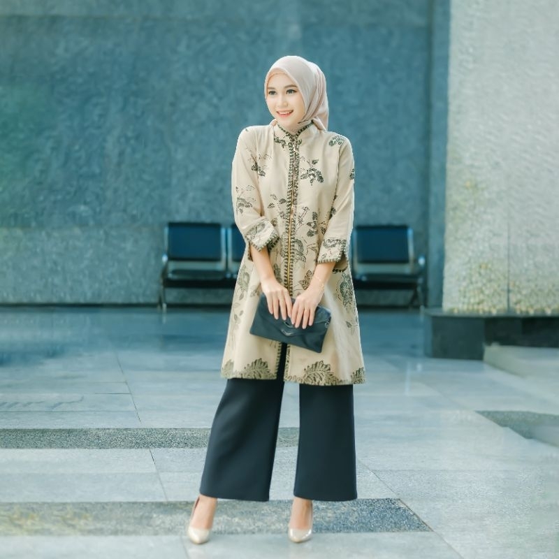 Tunik Batik Wanita Motif Mawar Cream Hijau Full Tricot Bahan Katun Premium Resleting Depan Busui