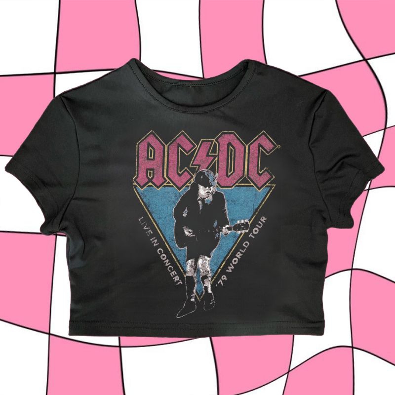 CROP TOP ACDC VINTAGE TOUR | CROP TEE SLIM FIT | BABY TEE Y2K | BAJU BAND ACDC CROP WANITA