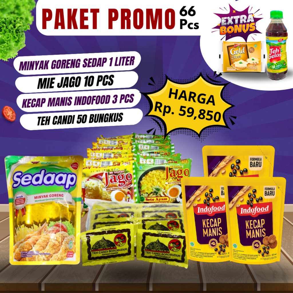 

Paket sembako 66 Pcs Minyak Goreng sedap mie jago teh candi kecap manis