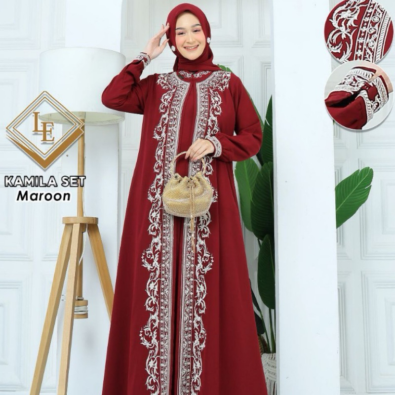 Kamila Set Hijab Bordir//Gamis Pesta Set Hijab//Dress Kondangan Jumbo//Gamis Bordir Kerancang