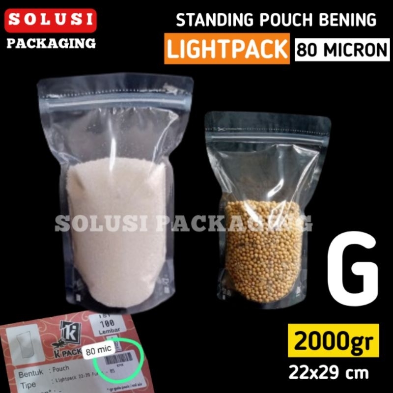 isi 100 KEMASAN LIGHTPACK 2229 2000gr TEBAL 80mic KPACK STANDING POUCH 2kg BENING PLASTIK KLIP KEMAS