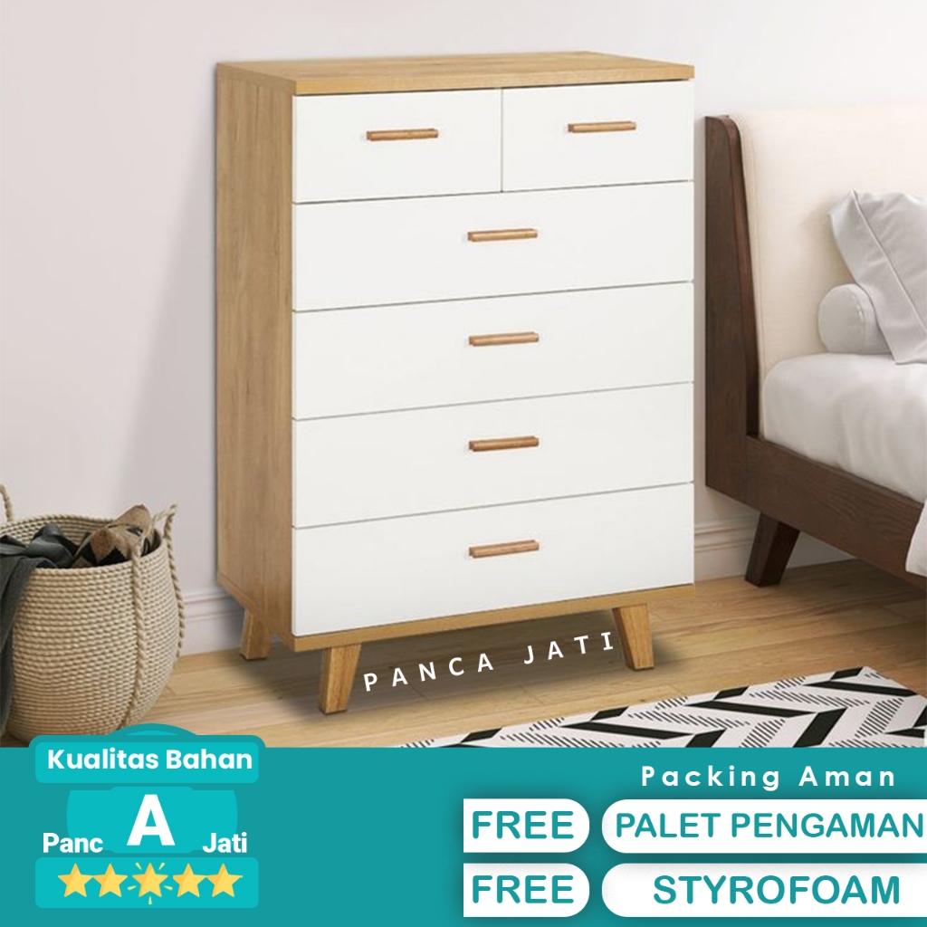 Drawer Pakaian Nakas Minimalis Serat Kayu dan Putih 6 Laci