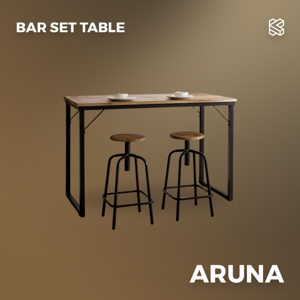 Satu Set Meja Bar Mini Industrial Kayu Solid - KITANATA