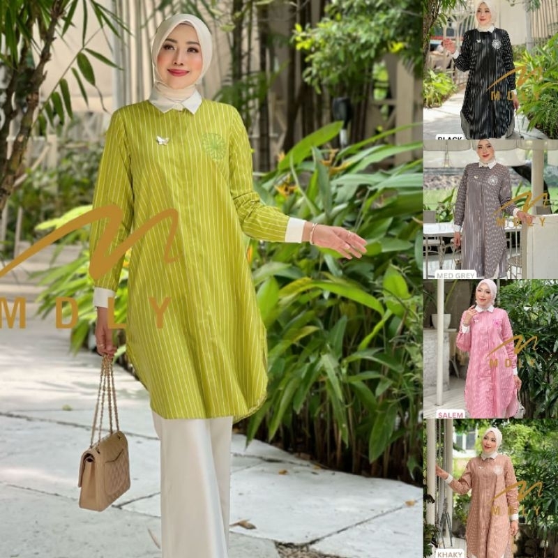 (9) MDLY MEIDY  Baju Atasan Tunik Wanita Katun Bordir Meidy Stripes Tunik By Mdly. Nazra Sha