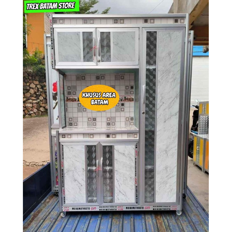 LEMARI RAK PIRING 3 PINTU KAKI RODA ALUMINIUM KACA NEW MODEL 2024 [ BATAM ]