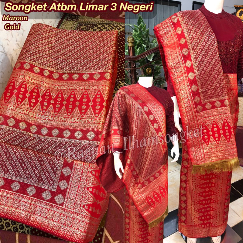 NEW Songket Atbm Limar 3 Negeri Exclusive k08 Merah Maroon Gold/ Songket Tenun Mesin Palembang ilham Songket  / Motif Pulir