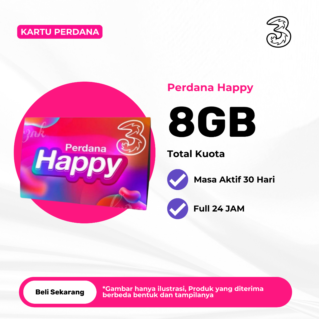 Kartu Perdana Tri Happy 8GB 30 Hari 24 JAM - Kartu Perdana Three Happy Murah - Perdana Kuota Tri - SP TRI HAPPY