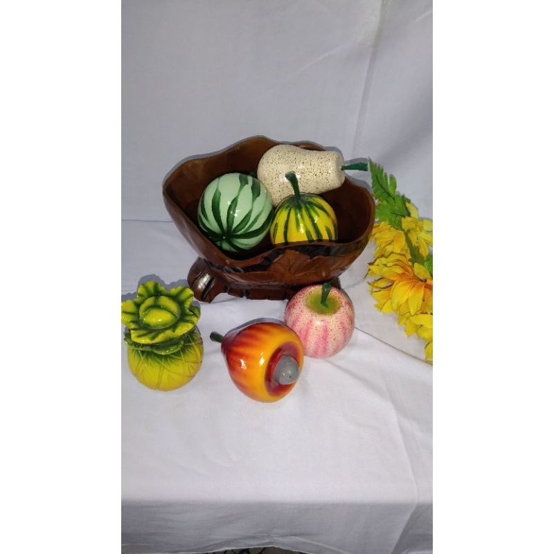 hiasan meja motif buah buahan kayu jati
