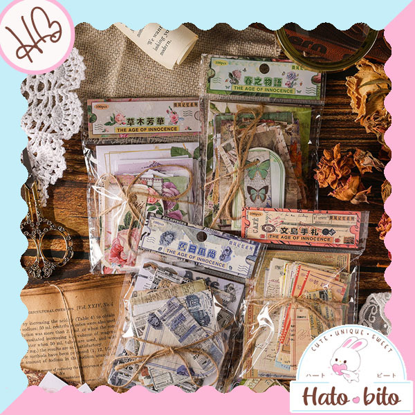 

1 set isi 100 pcs innocence deco paper vintage retro jurnal DIY scrapbook kertas hias estetik HB1636