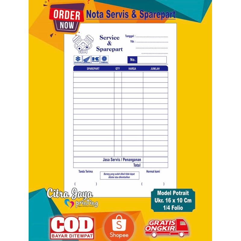 [READYSTOCK] Nota Bon Bengkel / Toko Sparepart & Service (Model POTRAIT) / Invoice Servis Motor Mobi