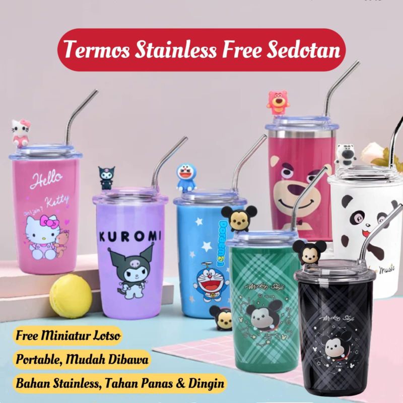Tumbler Lotso Botol Dengan Sedotan / Botol Lucu Strawberry Bear Termos 303 Stainless Steel / Botol A