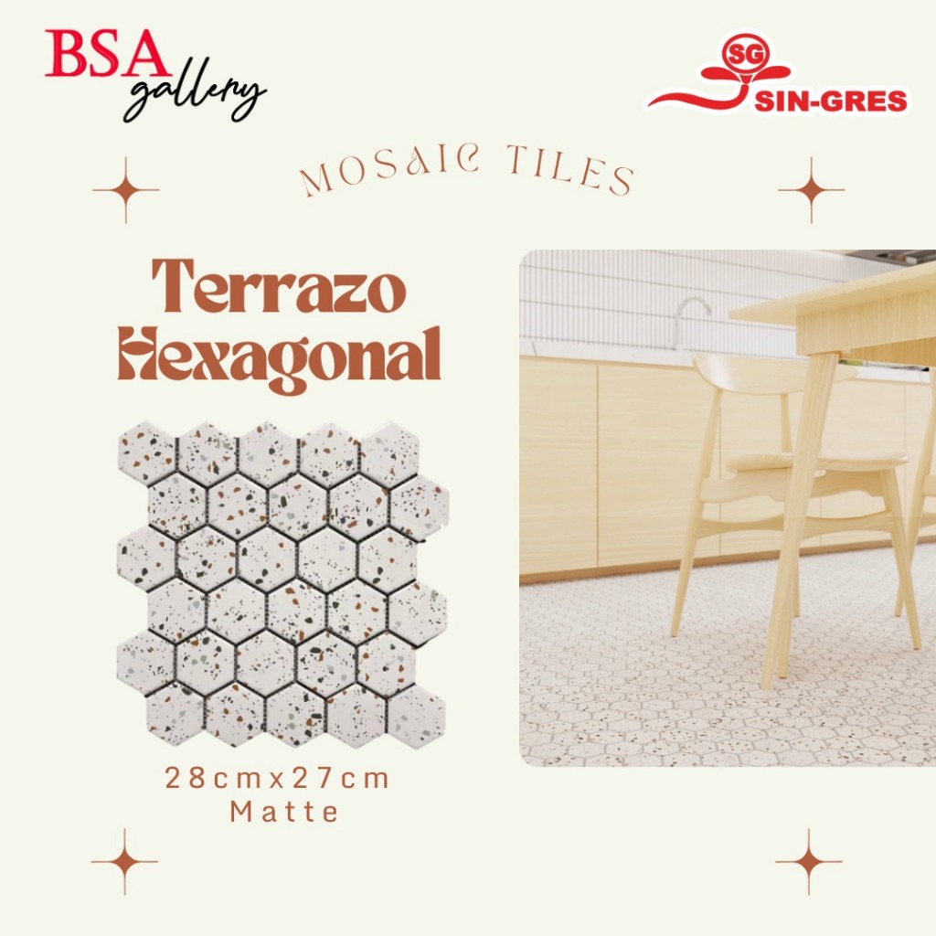 KERAMIK MOSAIC HEXAGON MATTE PUTIH / MOZAIK DINDING LANTAI DAPUR