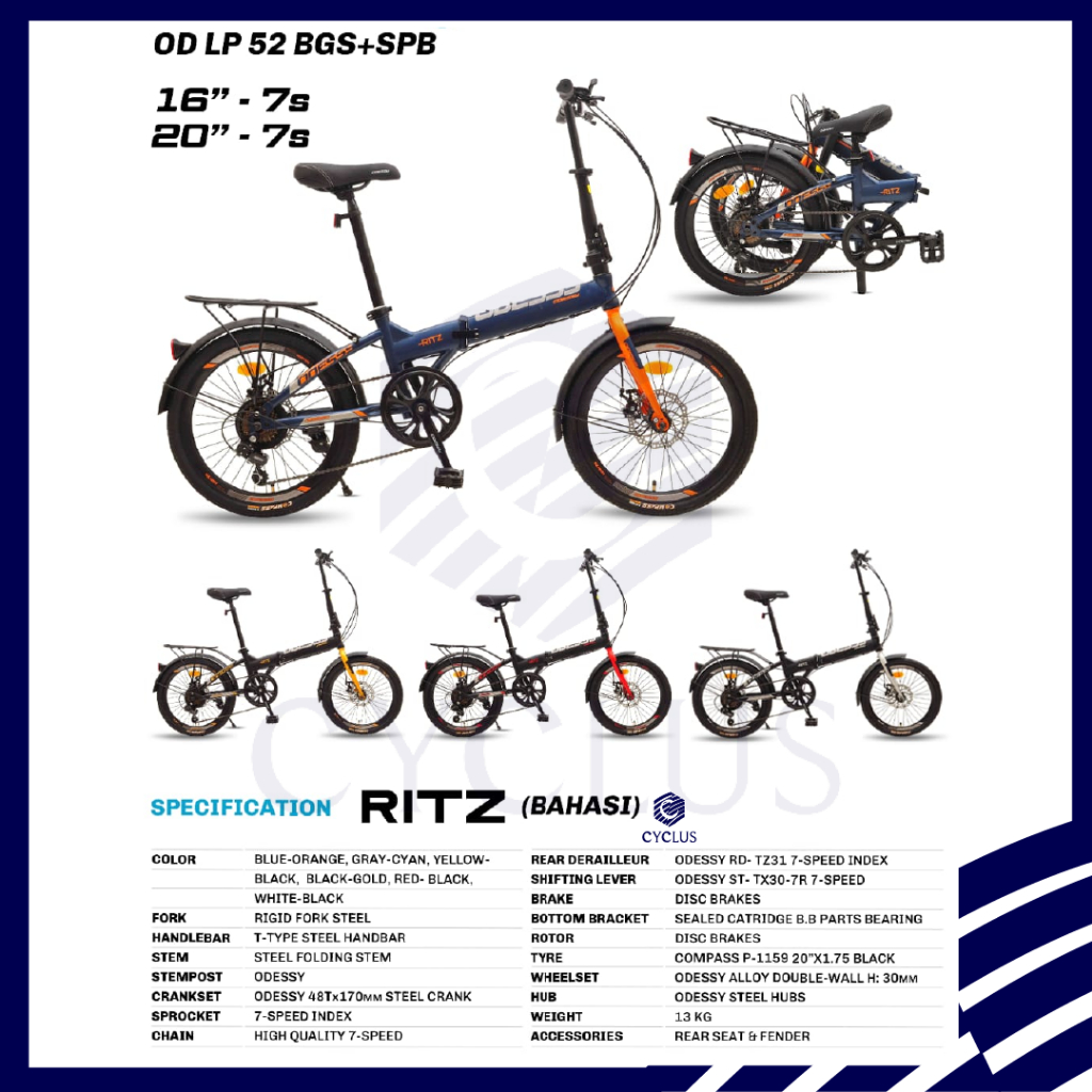 Sepeda Lipat Anak Dewasa Odessy Ritz 7 Speed Terbaru Boncengan Rem Cakram 16 Inch