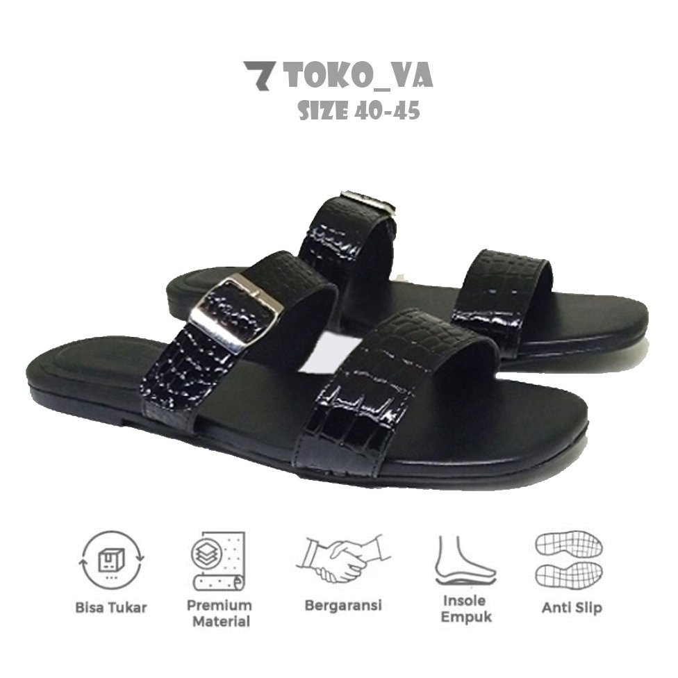 Sandal Flat Tampa Hak Ukuran Jumbo Besar | BIG SIZE 41-45 | Sandal Wanita Teplek Kulit Asli - 124