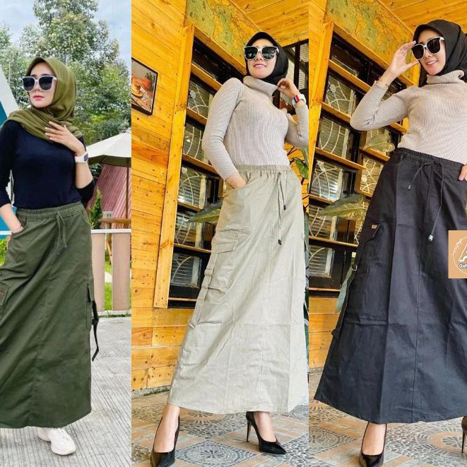 Rok Panjang Cargo Wanita . Rok Cargo Twill Premium All Size . Rok Panjang Twill Wanita
