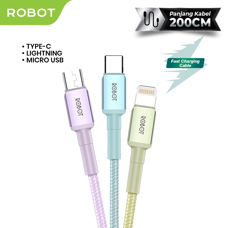 ROBOT Kabel Data Quick Charge Type C Micro USB Lighting 2M Data Cable Fast Charging RSM200/RSC200/RS