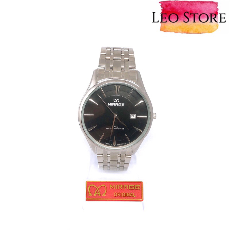 MIRAGE ORIGINAL A50(8775BRP-M)JAM TANGAN PRIA RANTAI SILVER PLAT hITAM ADA TANGGAL DISAMPING JAPAN M