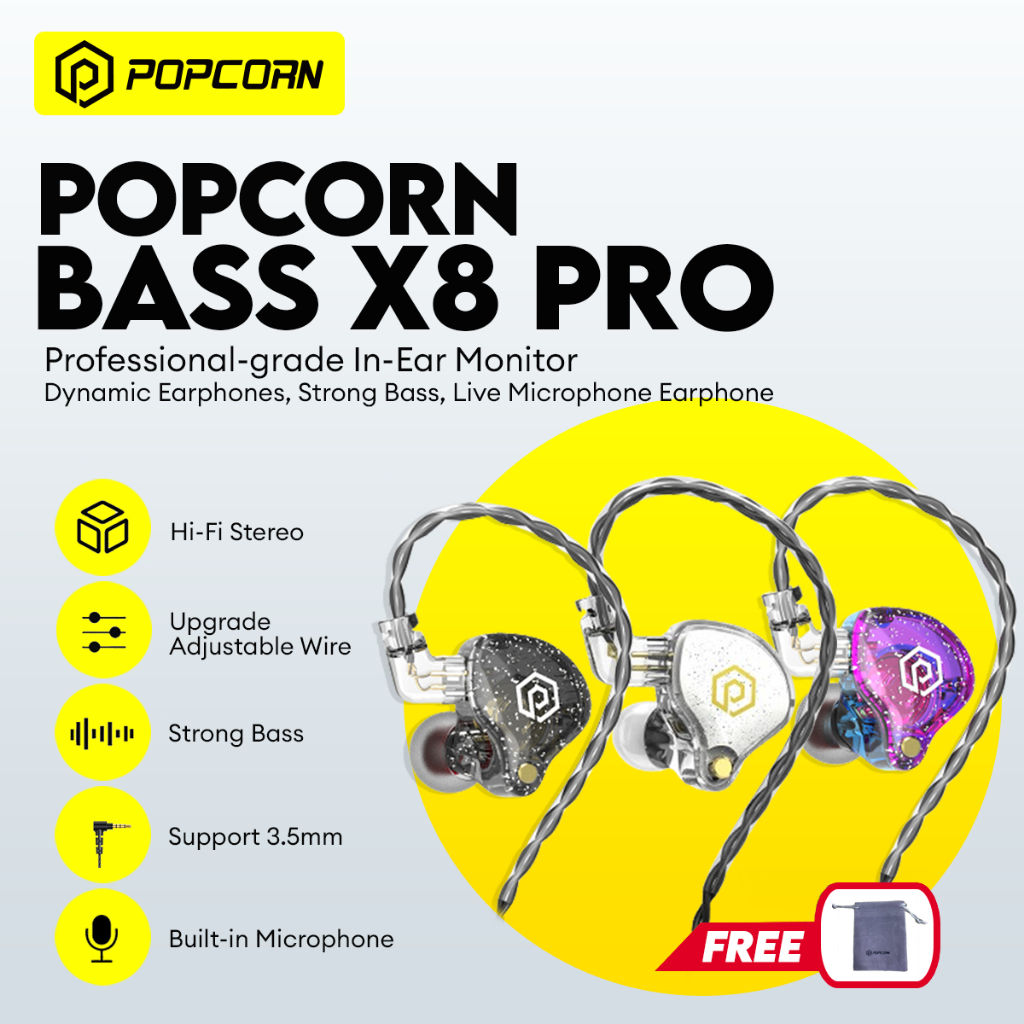 Popcorn Bass X9 Pro/X8 Pro Dynamic Earphone HiFi Bass In-Ear Monitor Earbuds Live Stream Earphones R
