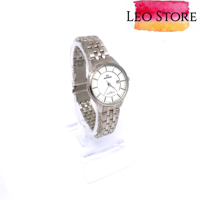 JAM MIRAGE  WANITA A54(8544BRP-L)SIZE KECIL RANTAI SILVER PLAT PUTIH DENGAN MOTIF GARIS JAM TANGAN M