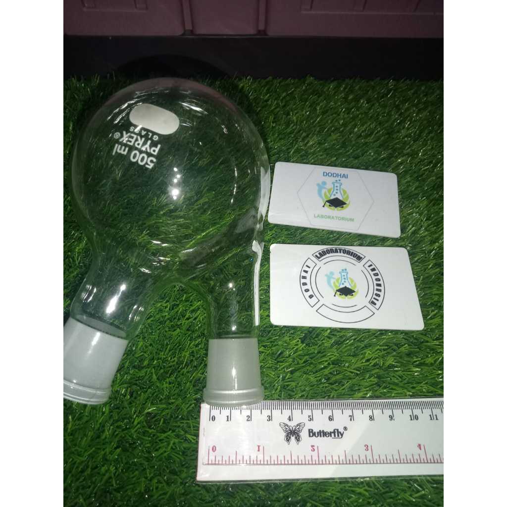 Boiling Flask 2 neck 500ml pyrex, Labu bulat 2 leher alas bulat, Labu didih 2 leher