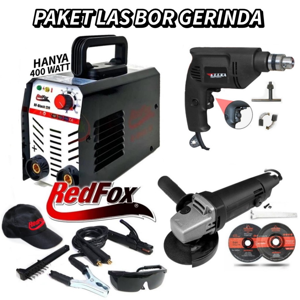 GARANSI 100% [3ITEM] Paket Mesin Las RREDFOX 900 W + Bor 10mm bolak balik + Gerinda 4 Inch Mesin Las