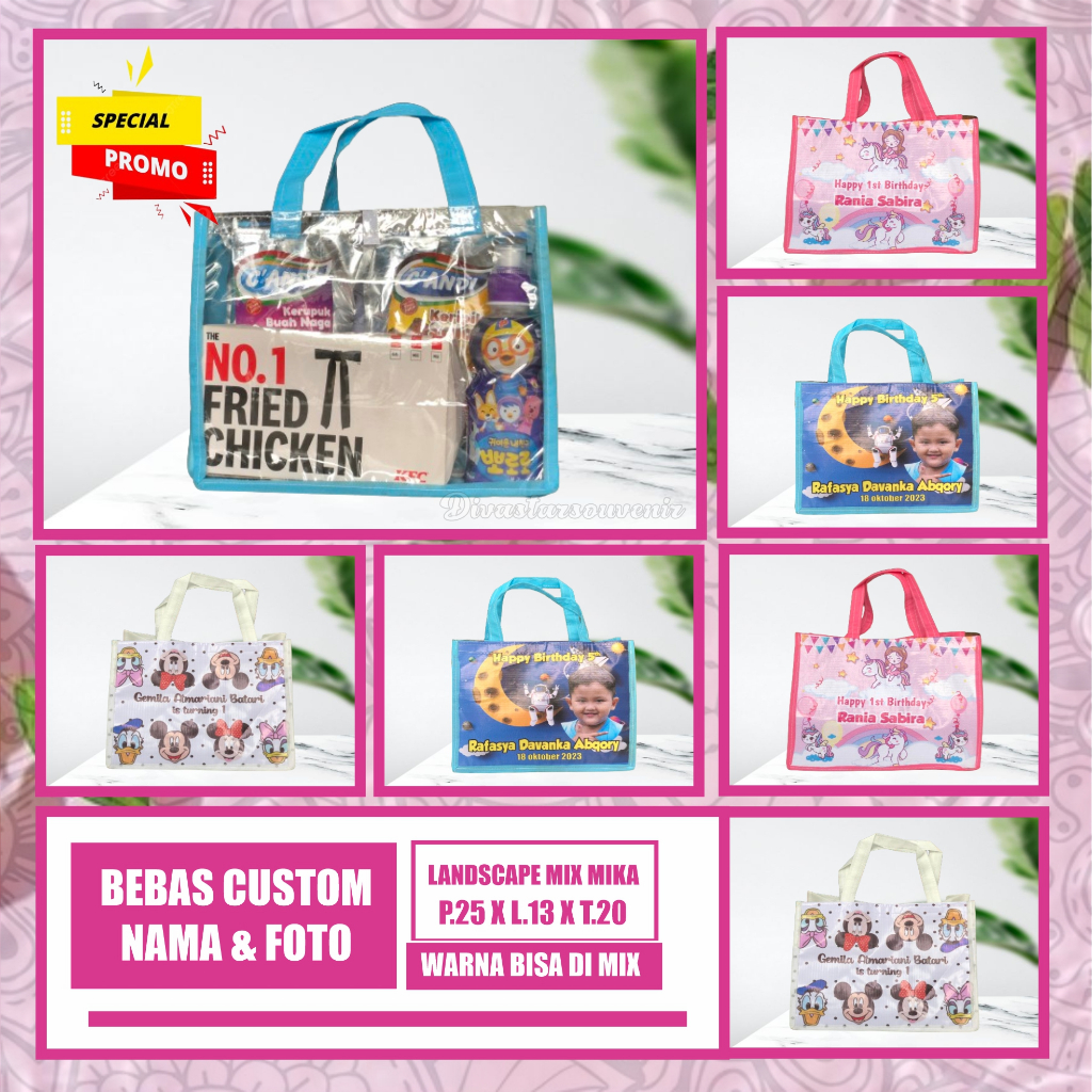 

Tas Ultah/ Tas Ulang Tahun Anak/ Tas Ultah Murah/ Tas Ulang Tahun Promo/ Godybag Murah/ Tas Ultah Custom/ Tas Souvenir Ulang Tahun Anak/ Ukuran Landskap Mika Free Custom/Goodiebag Gratis Design Termurah