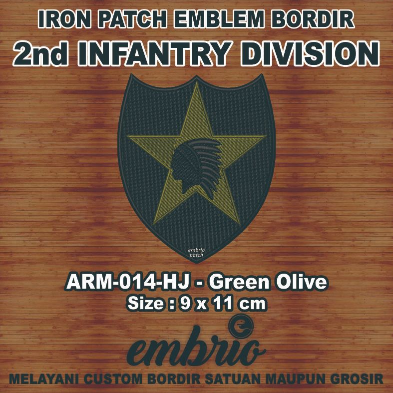 ARM-014-HJ Patch Indian Head Soldier Second Infantry Division 2nd US ARMY Veteran - Olive Green - 9x