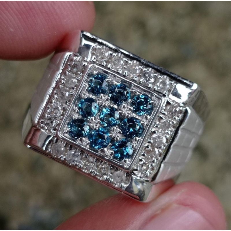 cincin pria berlian asli blue topaz mewah