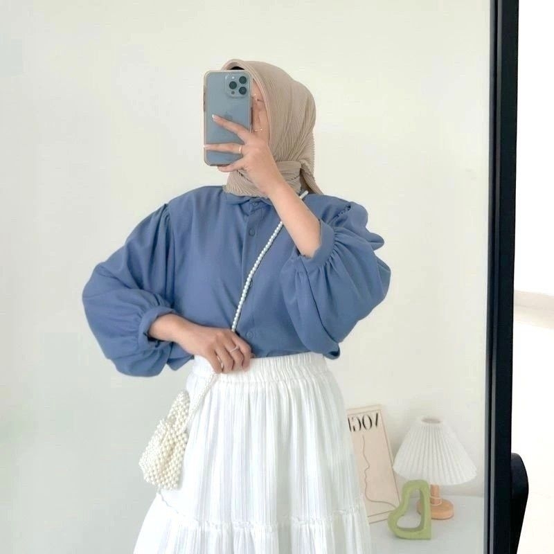atasan wanita elze blouse termurah Lengan Balon Full Kancing ootd kuliah