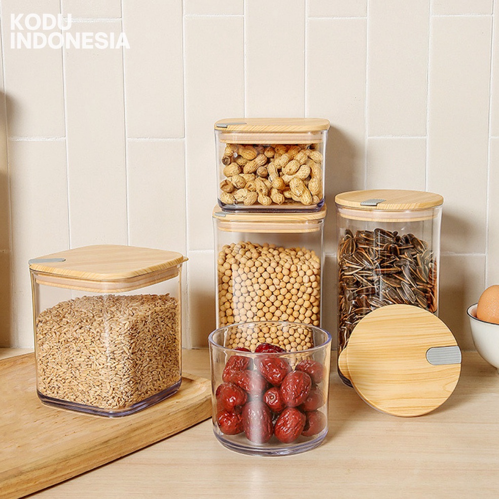 Splash KODU Toples Plastik TUTUP KAYU Toples Kue Kering Cemilan Kotak Kekinian Bundar Tabung Kedap U