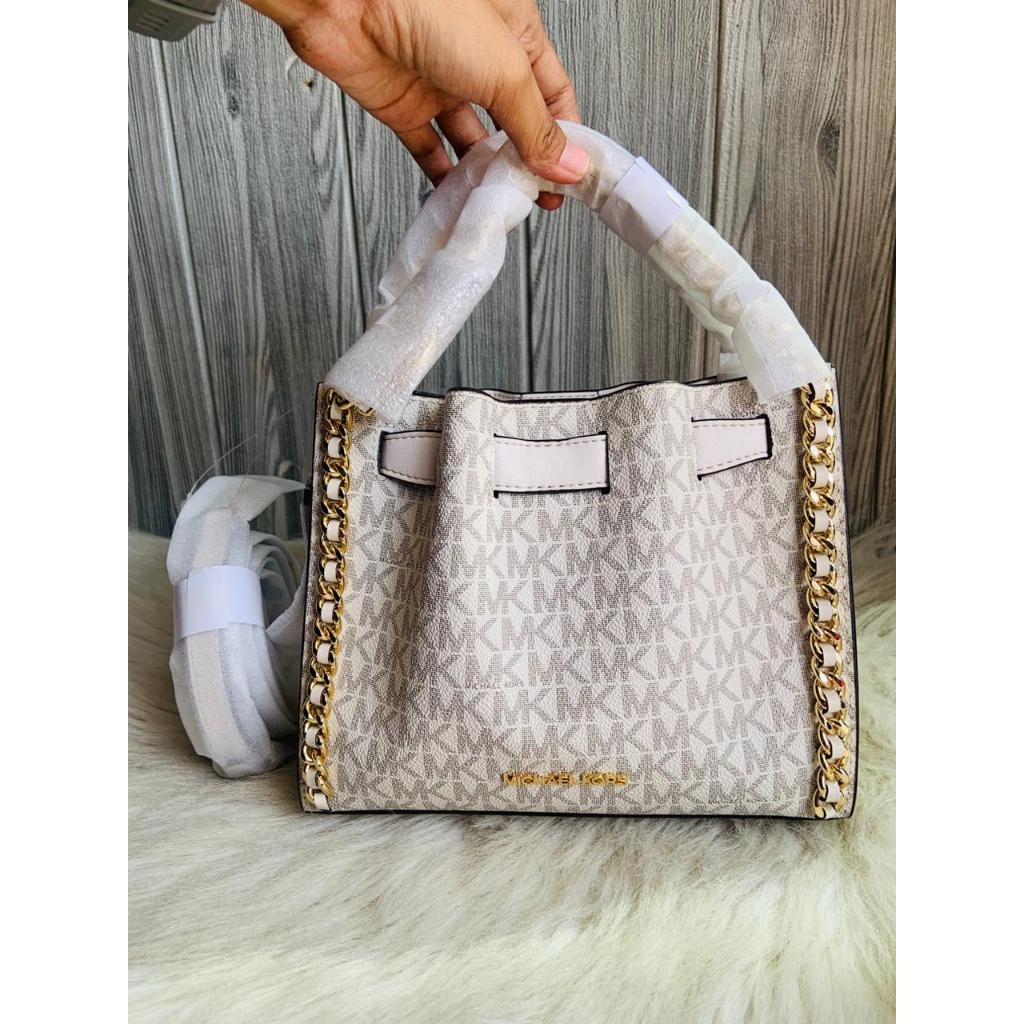 Tas Mina Small Leather Chain Crossbody Bag Vanilla brown