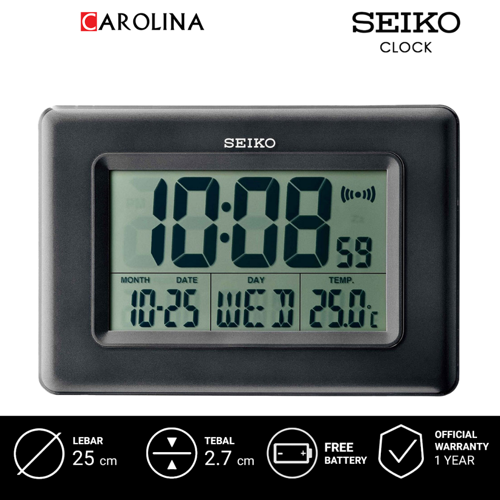 Jam Dinding SEIKO QHL058K Digital Alarm Light Black Plastic Case LCD Dial Thermometer Bedside / Desk
