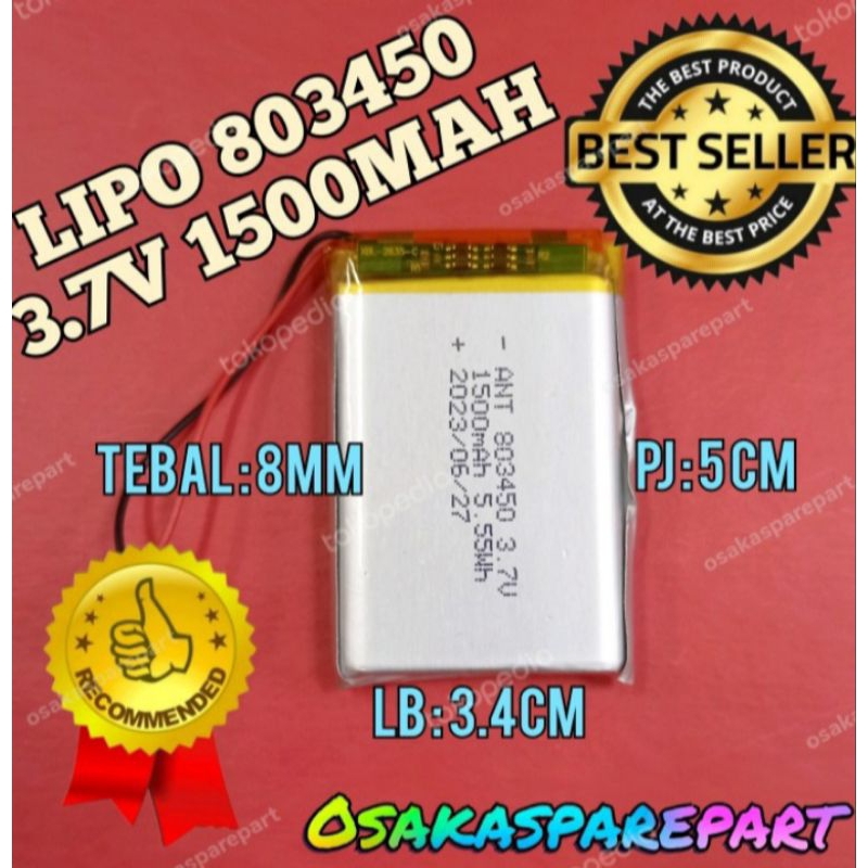 Baterai Lithium Ion Polymer LiPo 3,7V 1500Mah 803450