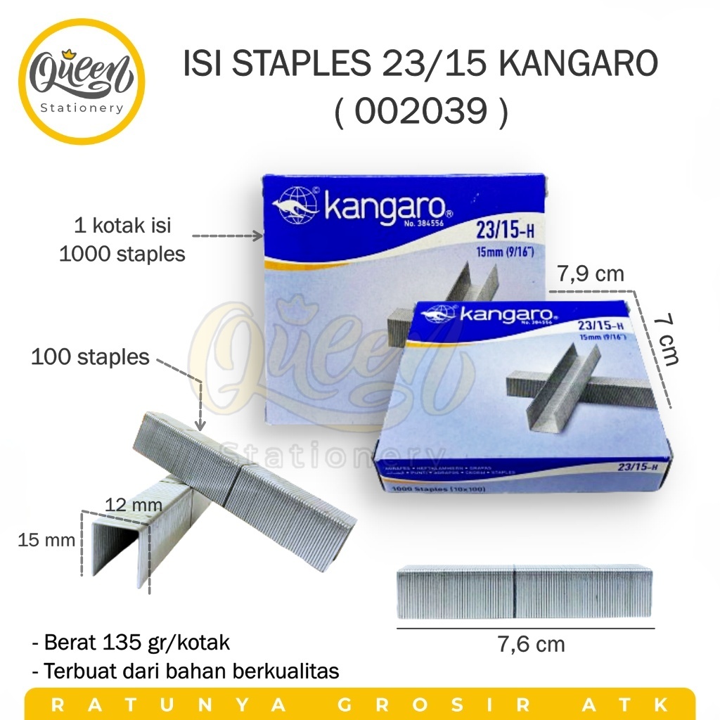 

1 KOTAK ISI STAPLES 23/15 KANGARO REFILL STAPLES TEMBAK GUN TACKER (002039)