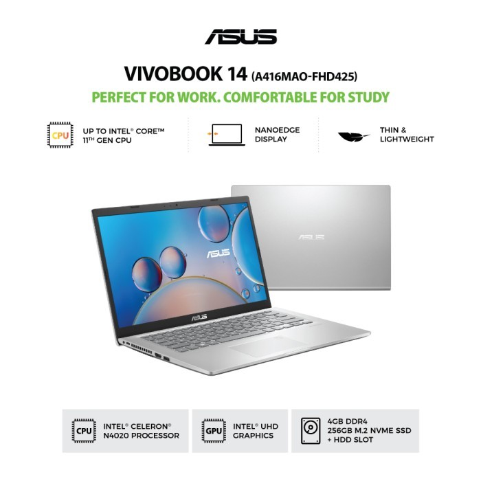 Laptop ASUS VIVOBOOK14 A416MAO FHD425 Celeron N4020 4GB 256GB W11 OHS Silver