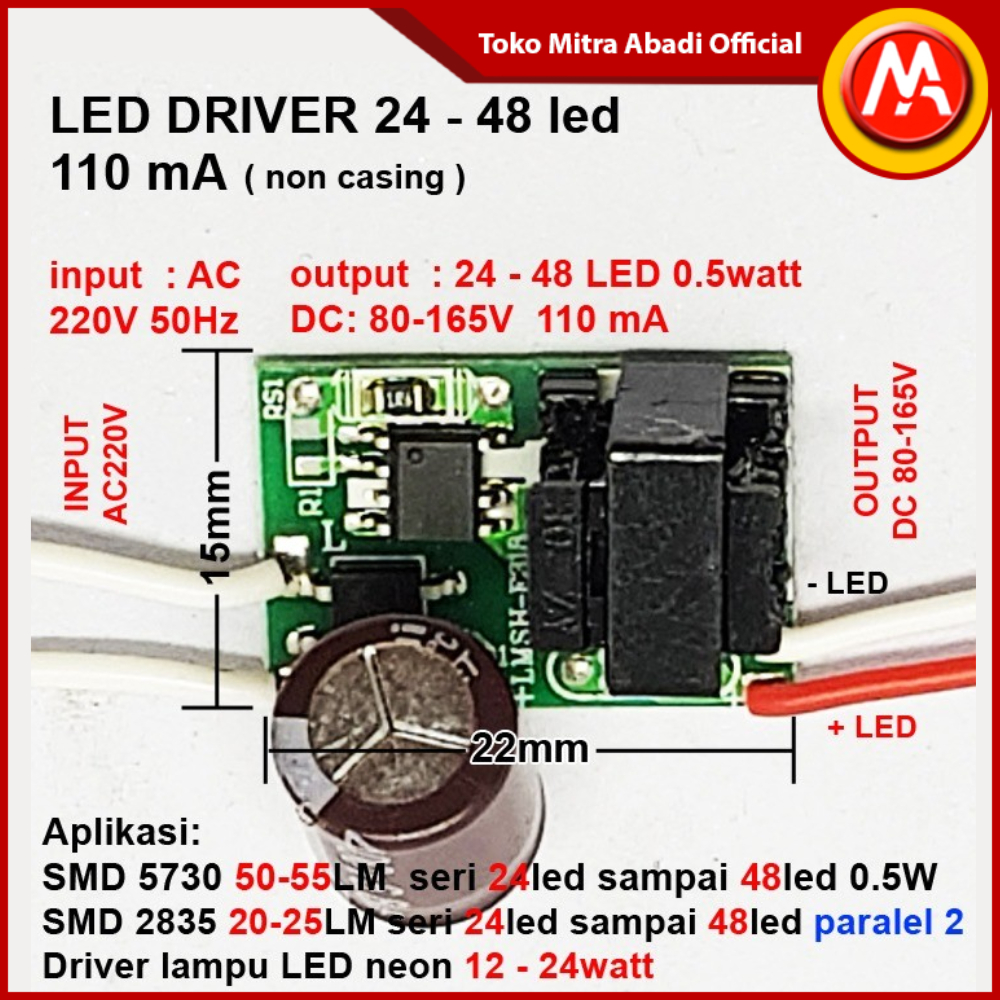 LED Driver 24-48x0,5 Watt 110 mA (NO IC) AC-DC Tanpa Casing
