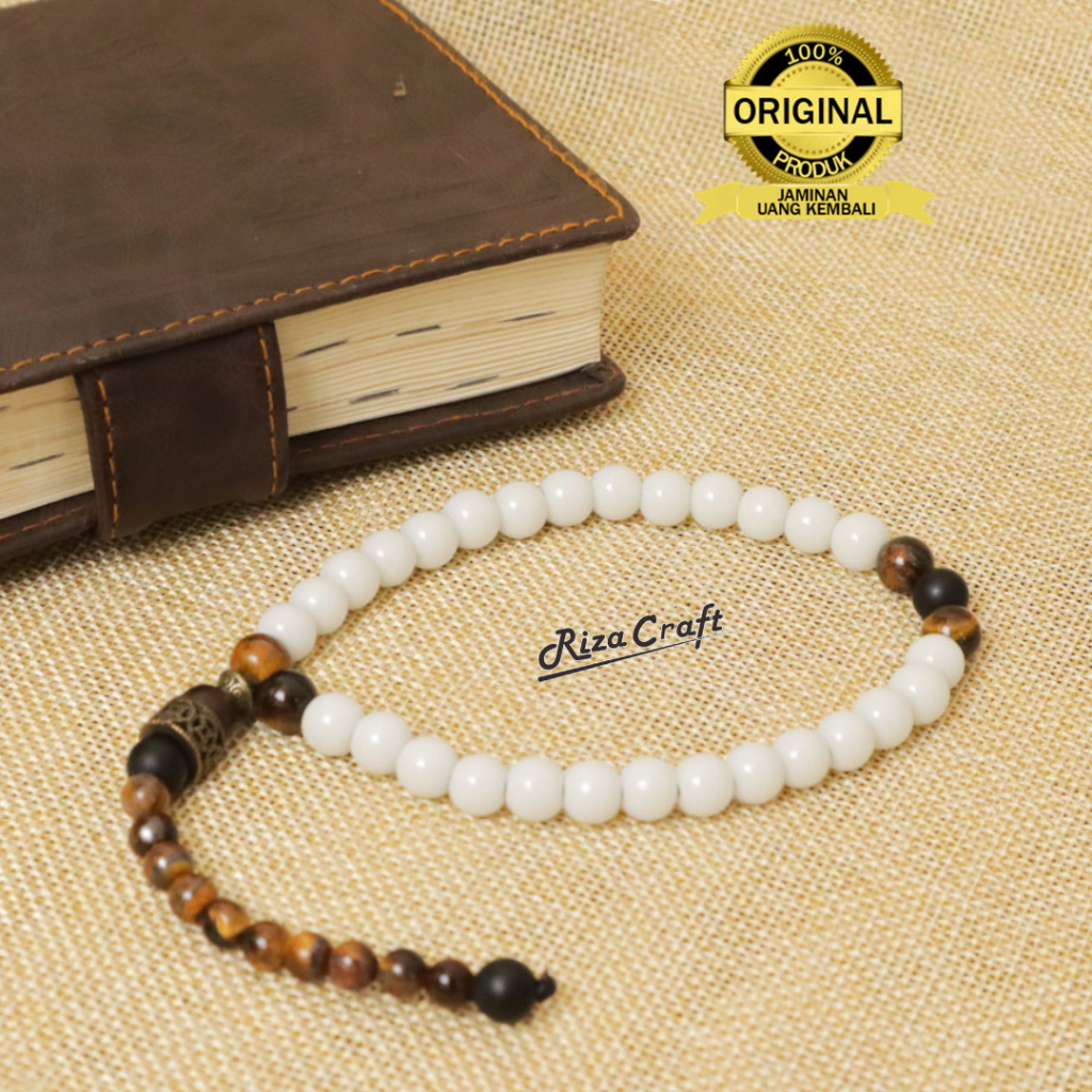 Tasbih 33 Biji Butir Batu Akik Giok Putih Susu Alam Tembus Cahaya by Riza Craft