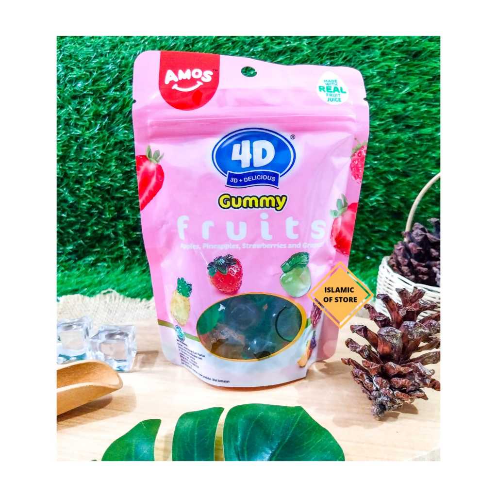 

PERMEN JELLY AMOS Amos 4D FRUITS Gummy Candy With Real Fruit Juice Permen Jelly Kenyal Buah Buahan Asli