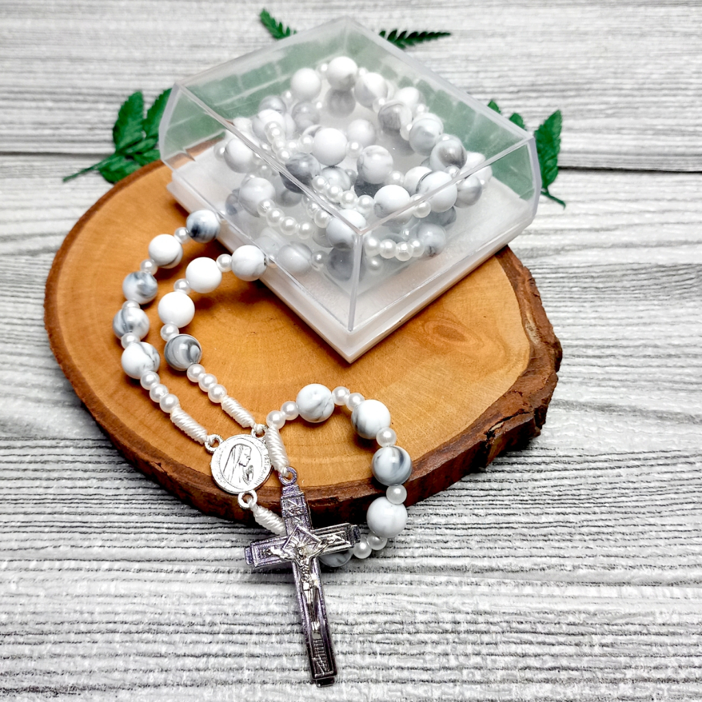 (Eksklusif) Kalung Rosario Mote Marmer Putih / Kalung Rosario Katolik Asli/Souvenir Rosario Katolik