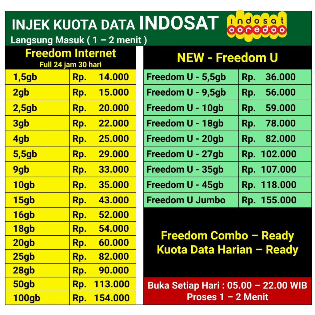 HOT PROMO Paket Data INDOSAT Unlimited Freedom U dan Freedom Internet Combo Full 24 jam