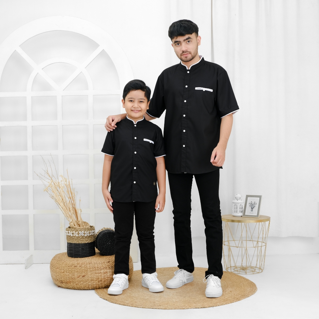Mufatih Kemeja Baju Koko Couple Ayah Anak Laki Laki Azran Warna Hitam
