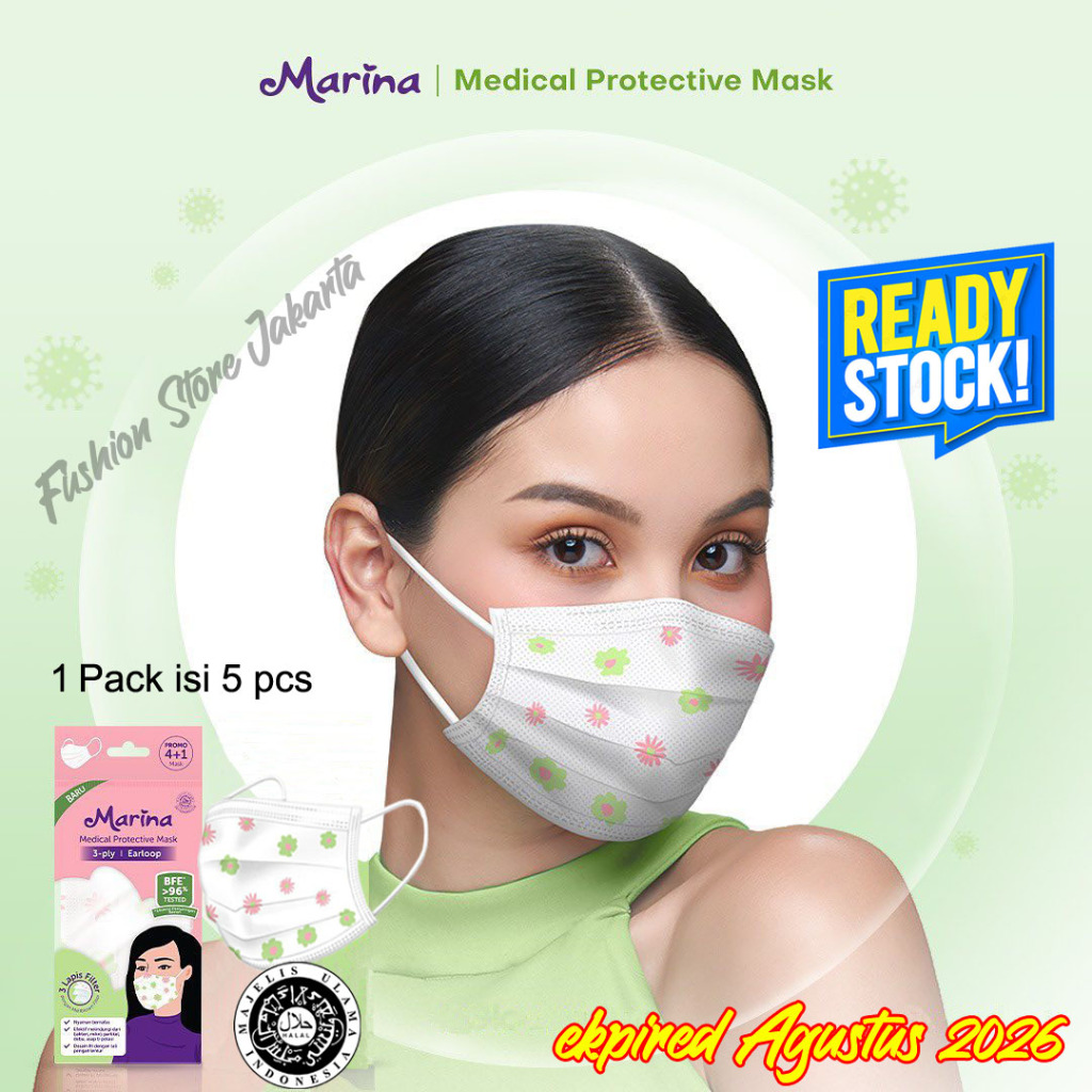 Marina Masker Medis Earloop 3 ply Motif Bunga 5 pcs Disposable / Marina Earloop Masker Medis 3 Ply i