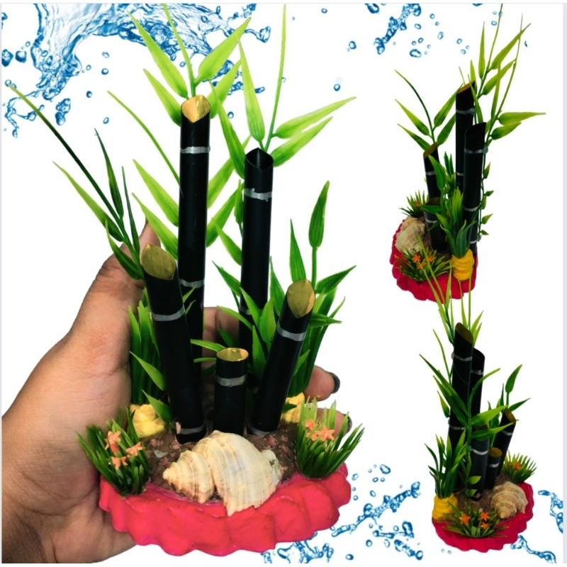 Hiasan aquarium bambu hijau dan keong, dekorasi aquarium bambu hijau dan keong, hiasan aquarium bamb