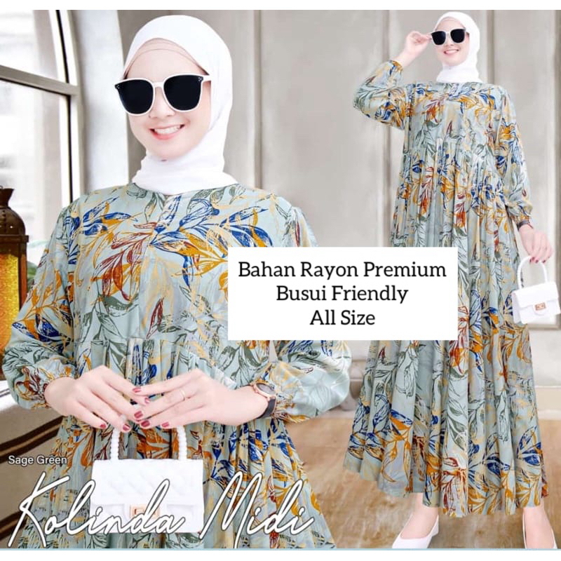 MIDI DRESS WANITA RAYON  / GAMIS RAYON ADEM BUMIL BUSUI FRIENDLY JUMBO-Kolinda Sage