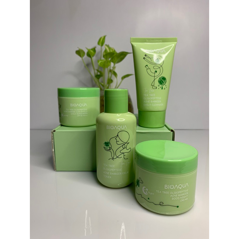 BIOAQUA PAKET TEA TREE OLIGOPEPTIDE ACNE SET WITH CLEANSER| TONER| SUNSCREEN | NIGHT CREAM