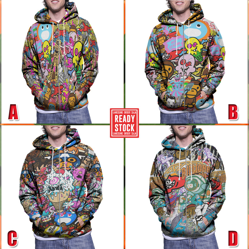 Jaket Fullprint Hoodie BBC Ice Cream Bape Hoodie Ritsleting Bahan Polyester Jersey [New Zipper Hoodi