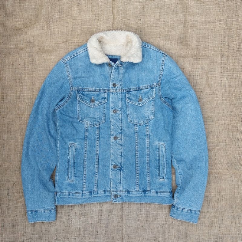 Zara Man Jaket Jeans Denim Sherpa Jacket Vintage Casual Classic Retro Rugged Style