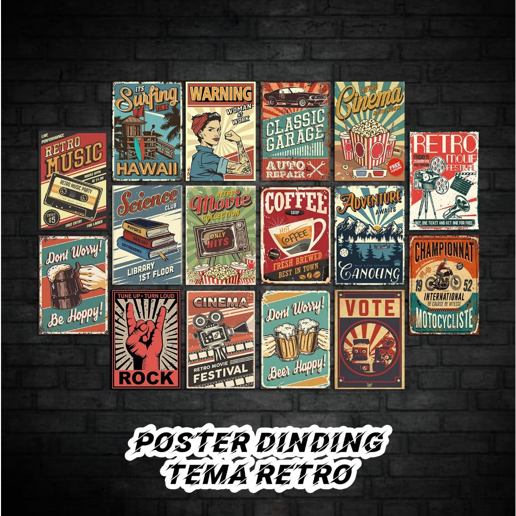 Isi 16pcs Poster Dinding Kamar Cowok Retro Murah [DD28] Ukuran A4 A5 A6 Bahan Glossy Dekorasi Kamar 
