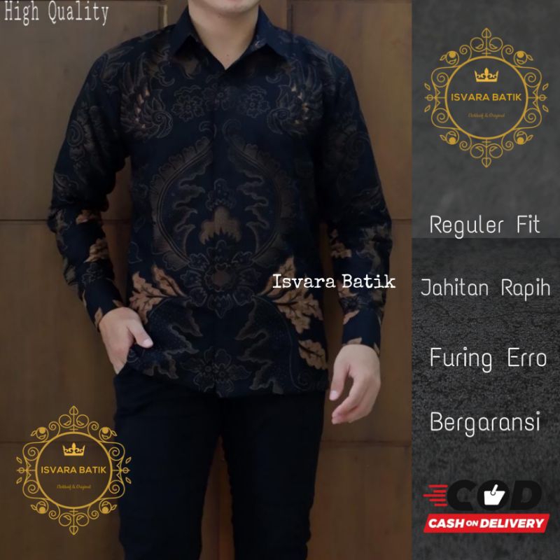 MAHKOTA HITAM Kemeja batik lengan panjang pendek atasan kemeja batik warna hitam lapis furing hem ba